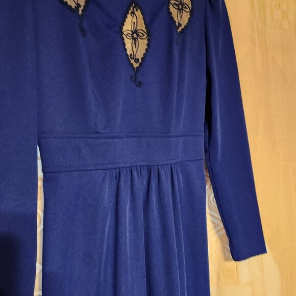 👑 VTG 70s Mikey Jrs Maxi Gown Royal Blue Ruffle High Collar Formal 💙 - Picture 5 of 9